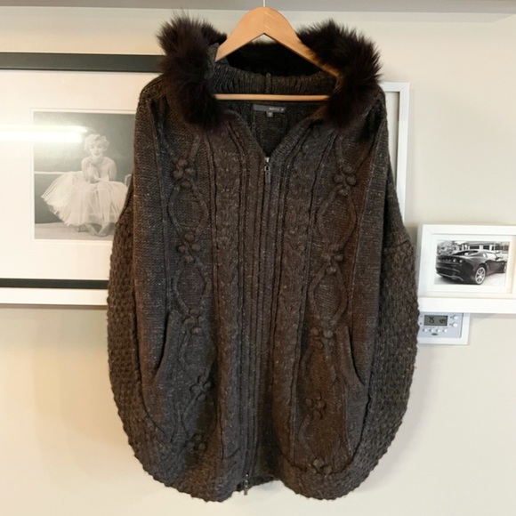 Matty M Brown Marble Zip Sweater with Fur Hood - Picture 5 of 8
